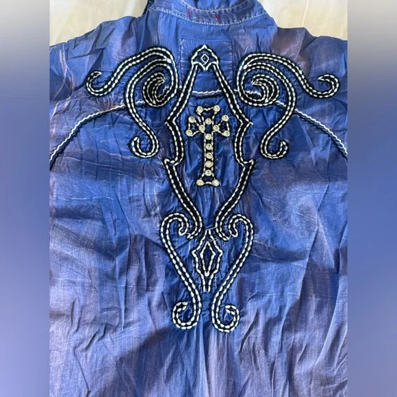 391 Roar Western Cowboy Top Blue Purple Embroidered Gem Shirt Large - Picture 6 of 9